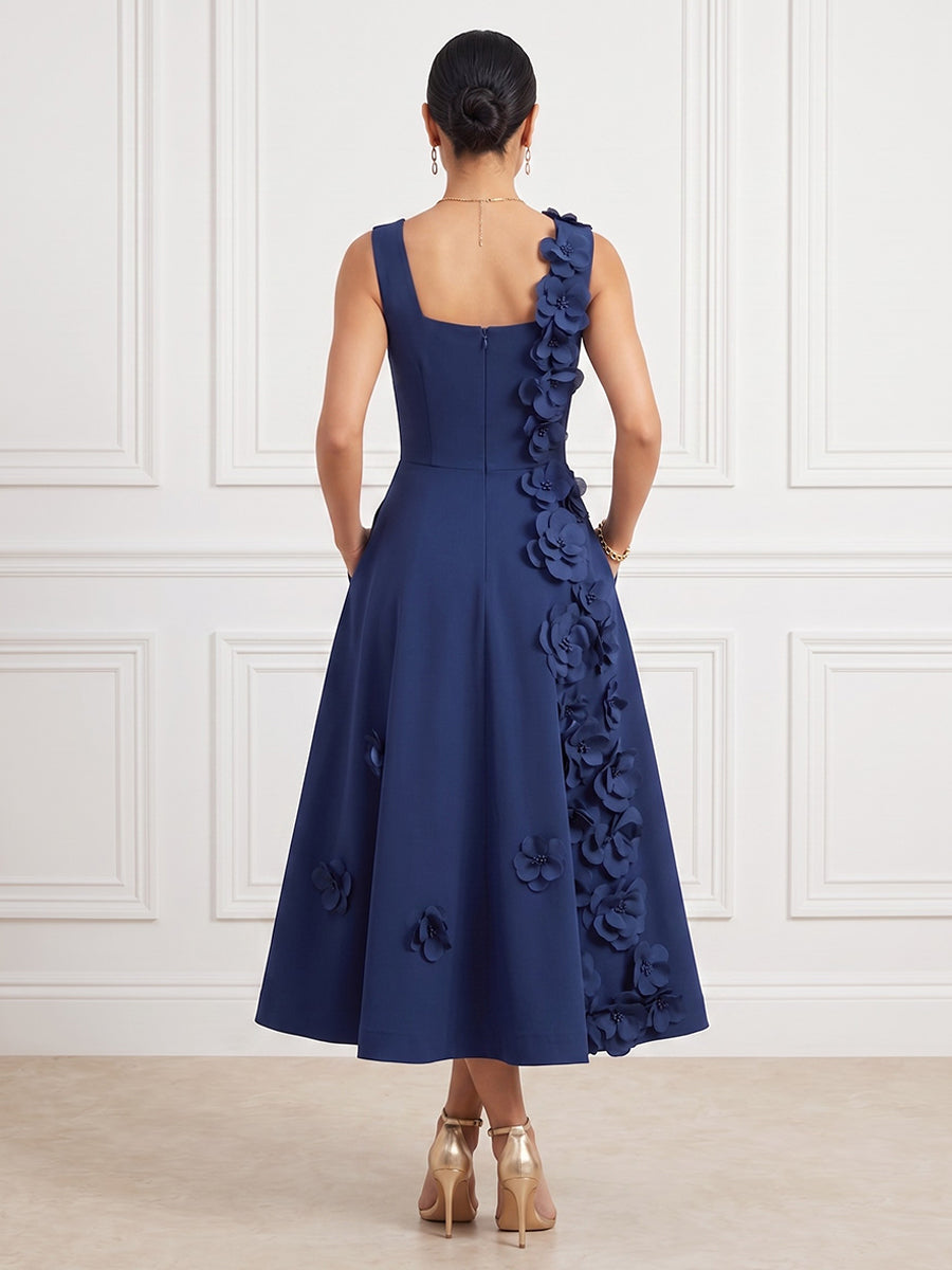 Satin A Line Square Neck Tea Length Fitted Waist Cocktail Dresses