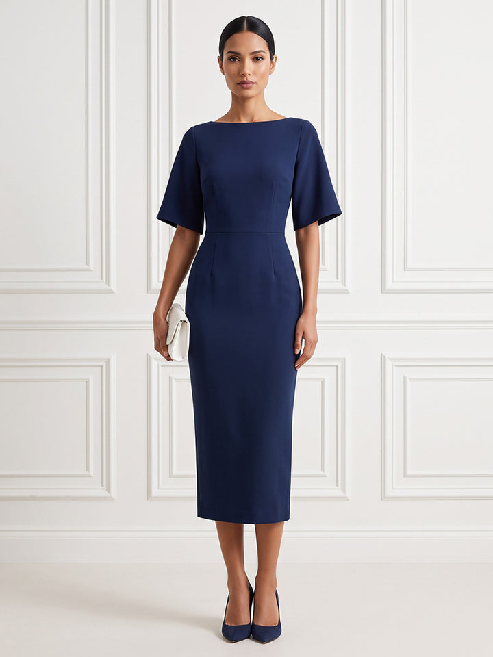 Satin Sheath Jewel Neck Tea Length Fitted Waist Cocktail Dresses