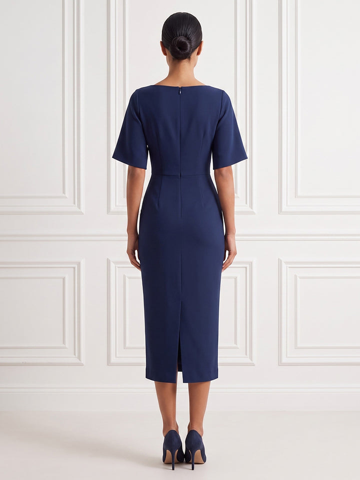 Satin Sheath Jewel Neck Tea Length Fitted Waist Cocktail Dresses