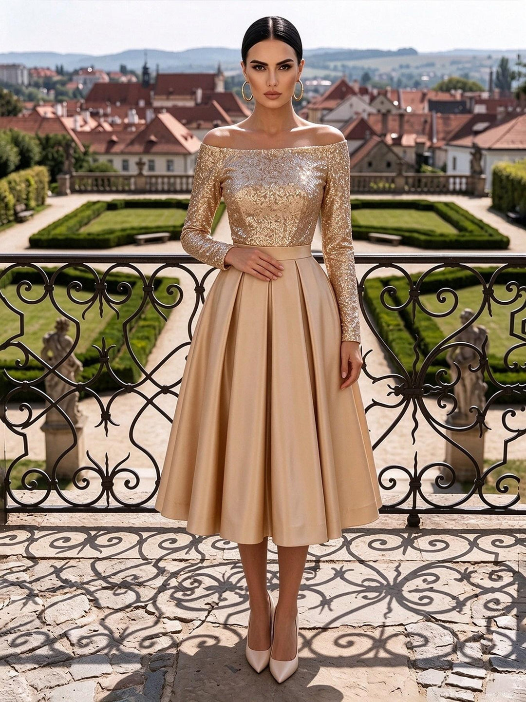 Sequin A Line Off the Shoulder Tea Length Pleats Cocktail Dresses
