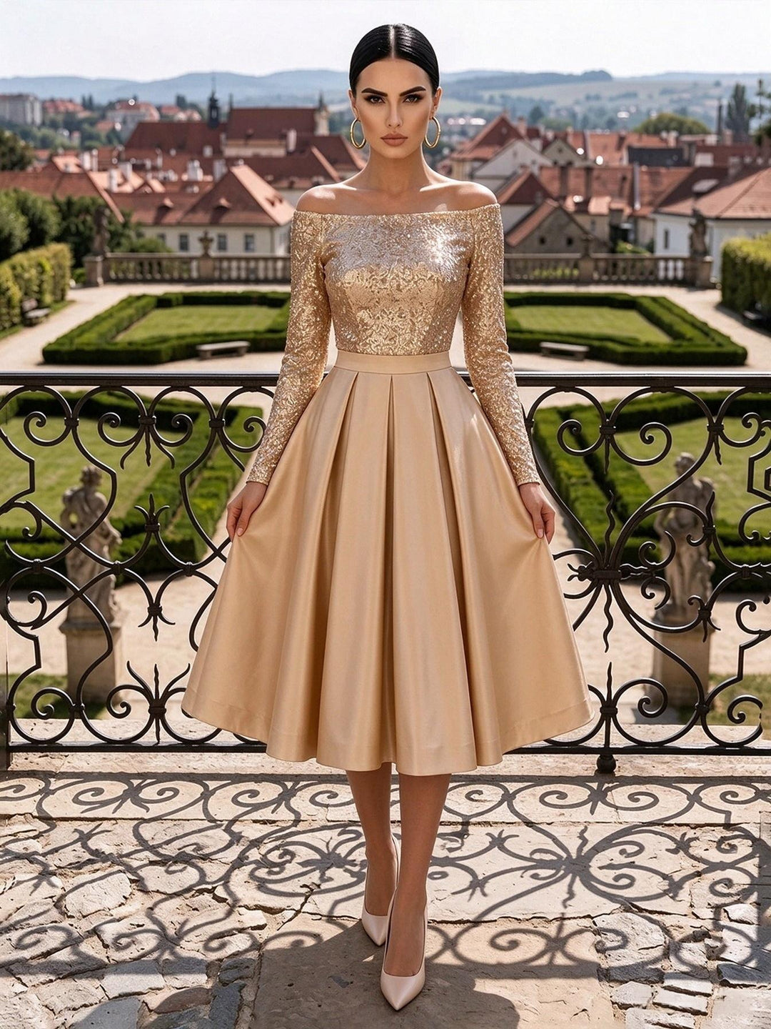 Sequin A Line Off the Shoulder Tea Length Pleats Cocktail Dresses