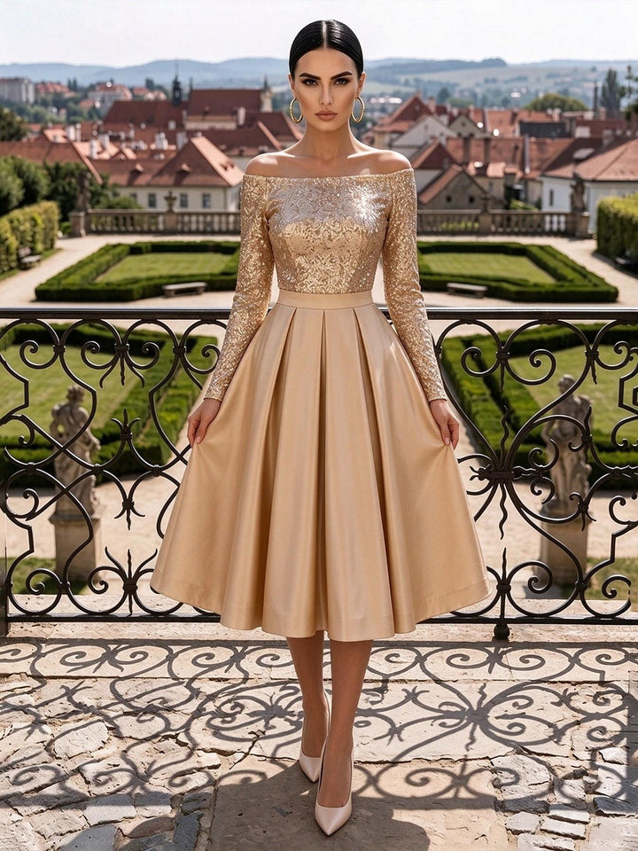 Sequin A Line Off the Shoulder Tea Length Pleats Cocktail Dresses