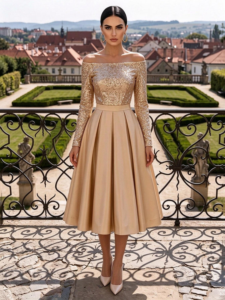 Sequin A Line Off the Shoulder Tea Length Pleats Cocktail Dresses