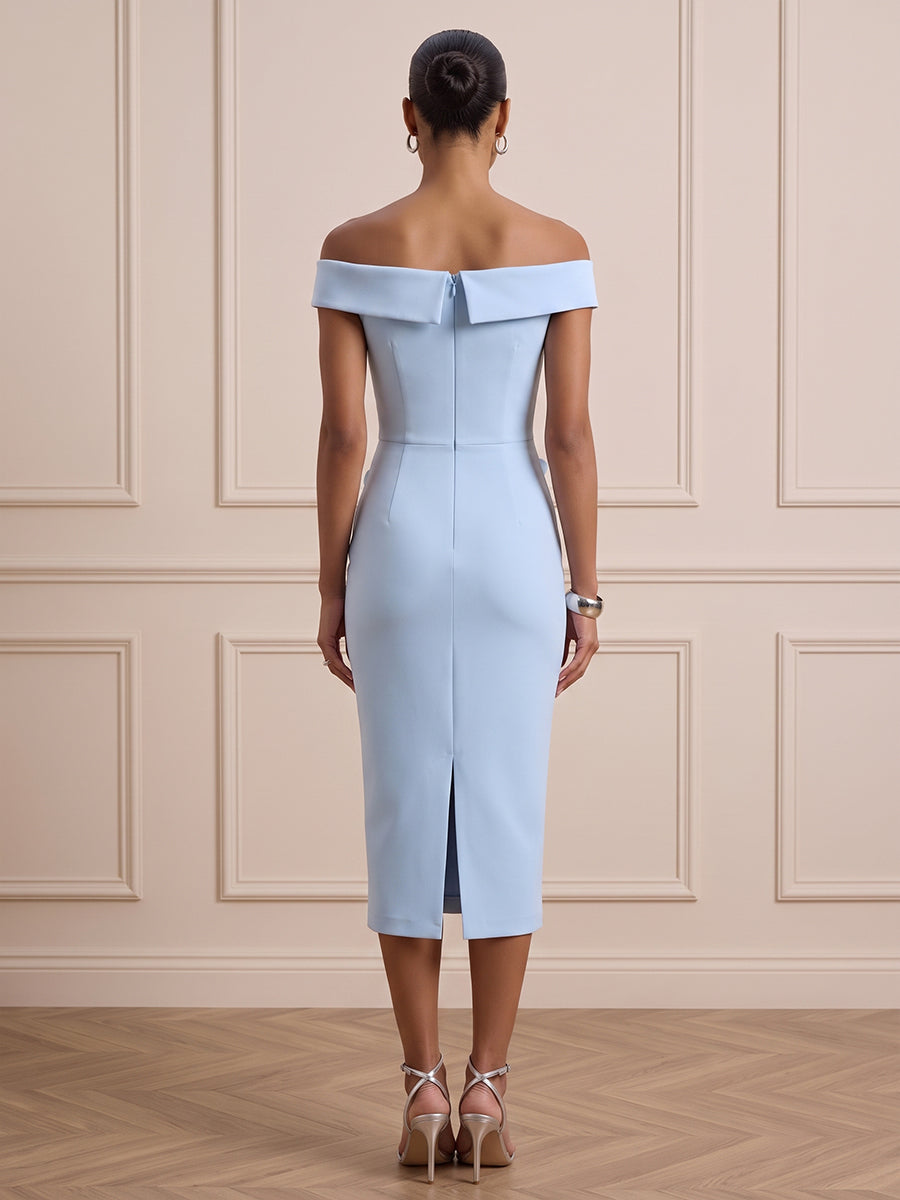 Satin Sheath Off the Shoulder Tea Length with 3D Flowers Cocktail Dresses