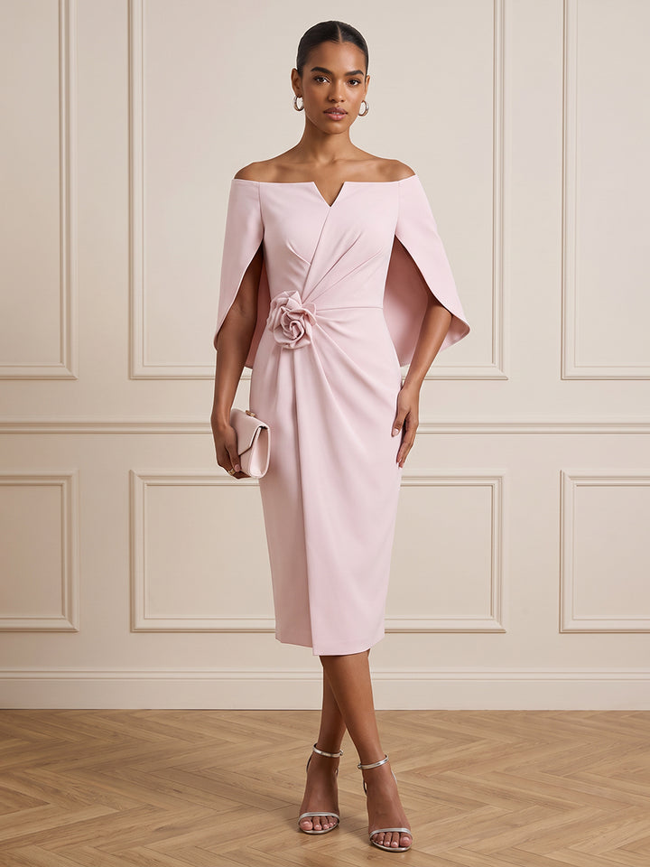 Satin Sheath Off the Shoulder Tea Length with Cape Cocktail Dresses