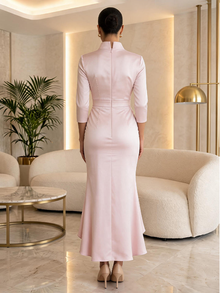 Satin Mermaid Stand Collar Hi Lo V Neck Cocktail Dresses