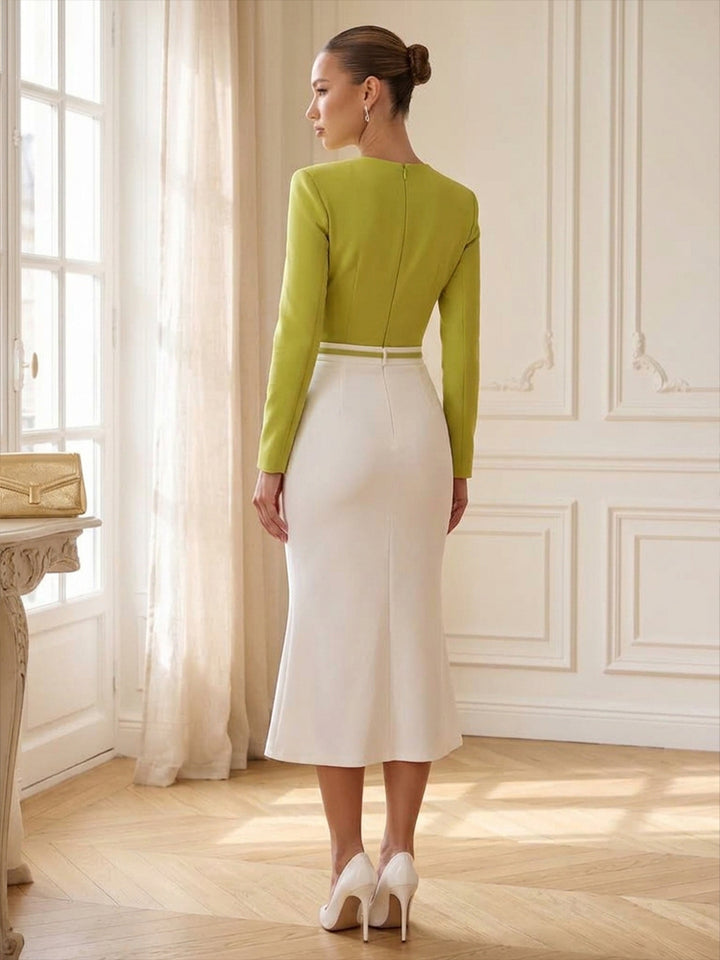 Satin Mermaid Asymmetric Neck Tea Length Color Blocked Cocktail Dresses