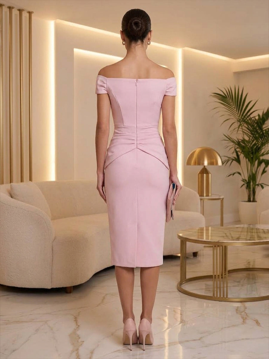 Satin Sheath Off the Shoulder Tea Length Waist Bow Cocktail Dresses