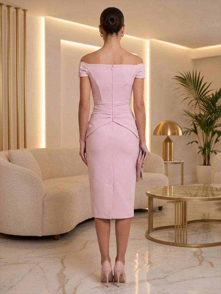 Satin Sheath Off the Shoulder Tea Length Waist Bow Cocktail Dresses