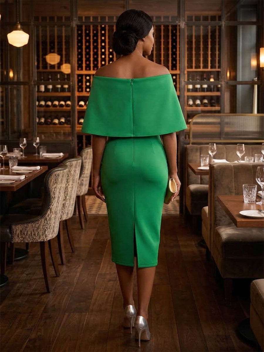 Satin Sheath Off the Shoulder Tea Length with Cape Cocktail Dresses