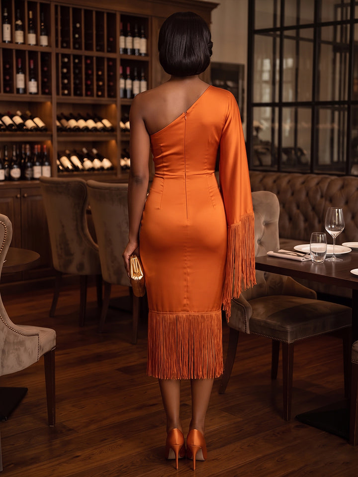 Satin Sheath One Shoulder Tea Length Tassels Cocktail Dresses