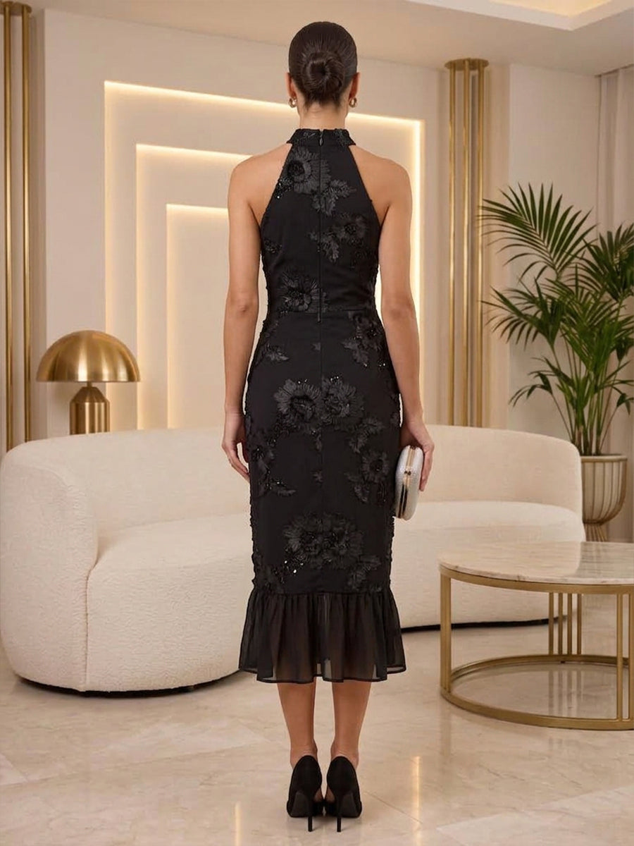 Tulle Sheath Halter Tea Length Floral Embroidery Cocktail Dresses