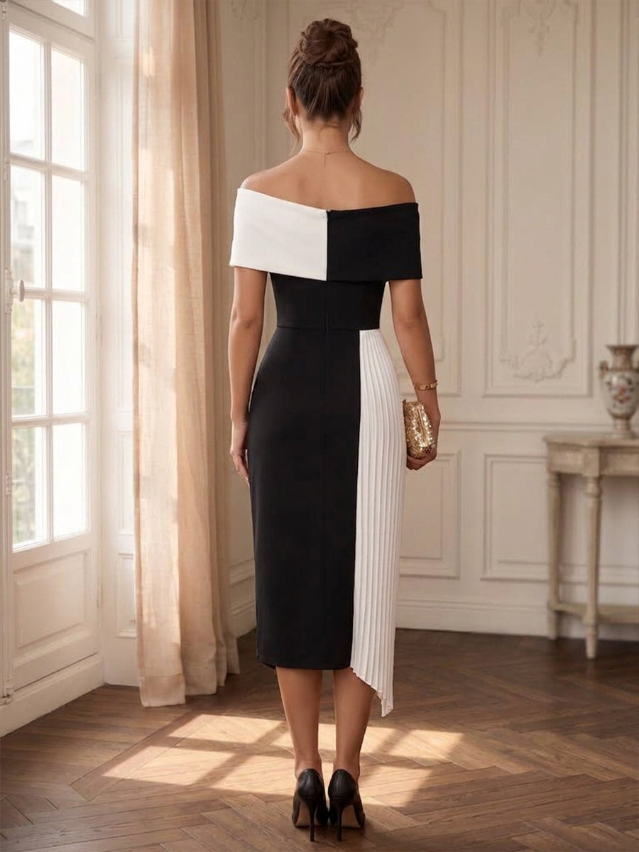 Satin Sheath Off the Shoulder Tea Length Asymmetrical Hem Cocktail Dresses