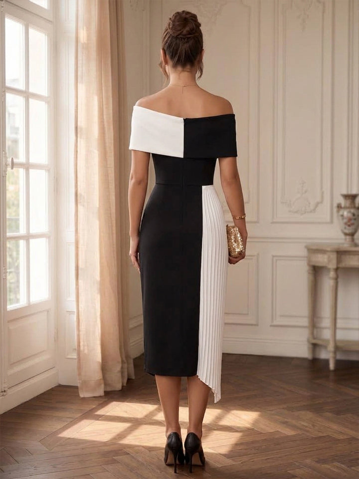 Satin Sheath Off the Shoulder Tea Length Asymmetrical Hem Cocktail Dresses
