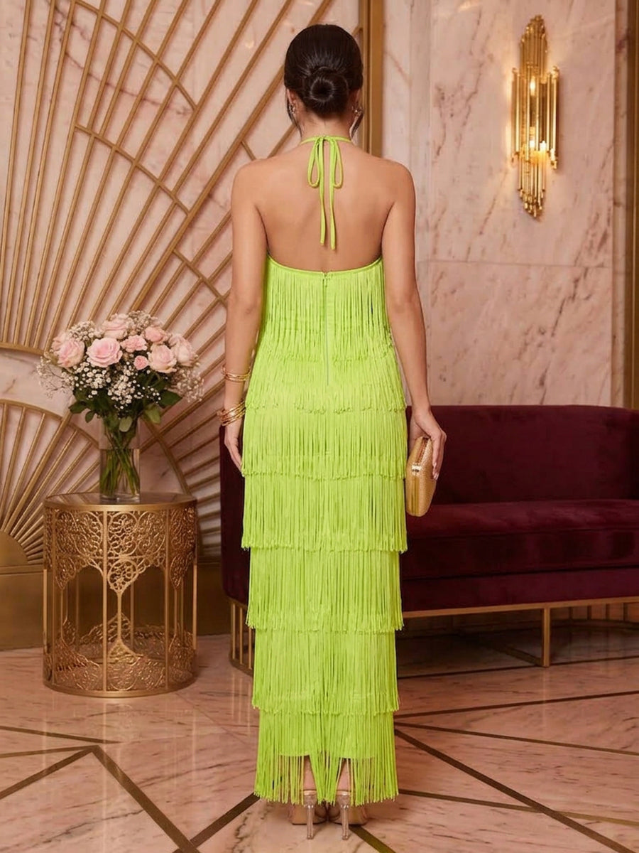 Satin Sheath Halter Ankle Length Tassels Cocktail Dresses