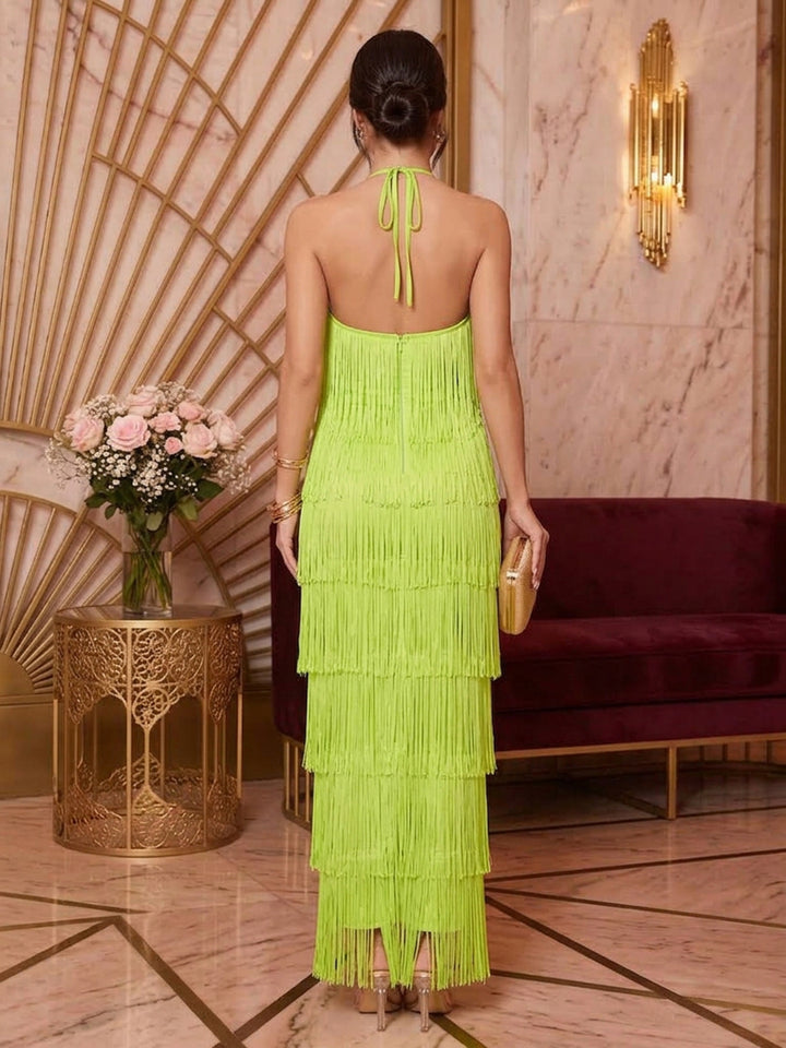 Satin Sheath Halter Ankle Length Tassels Cocktail Dresses