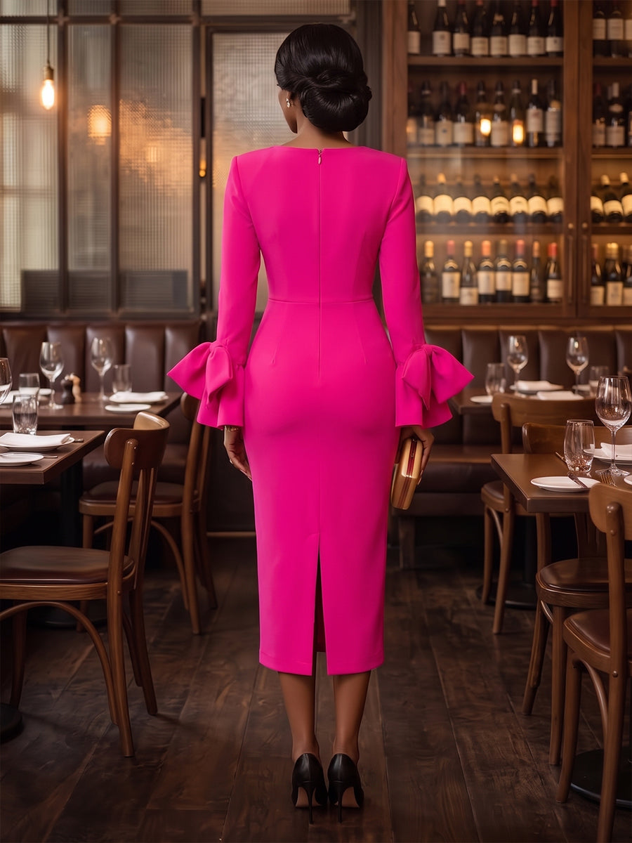 Satin Sheath Square Neck Tea Length with Bow Cocktail Dresses