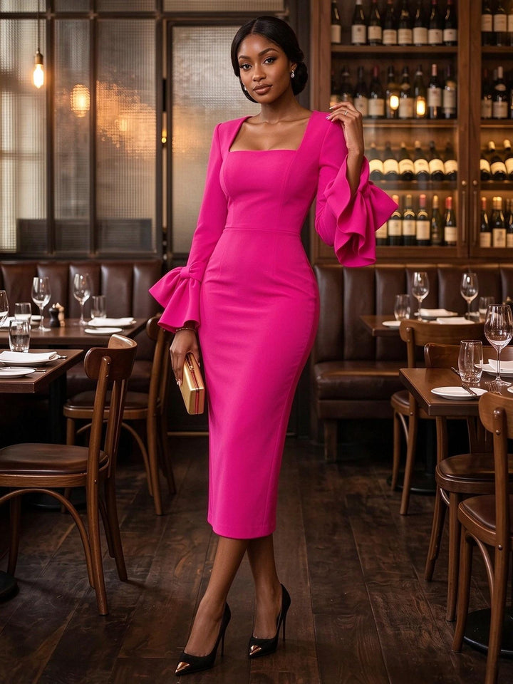 Satin Sheath Square Neck Tea Length with Bow Cocktail Dresses