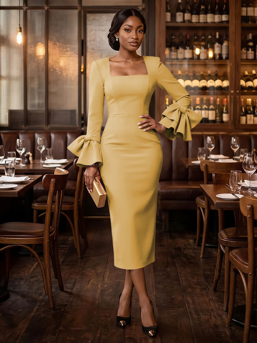 Satin Sheath Square Neck Tea Length with Bow Cocktail Dresses