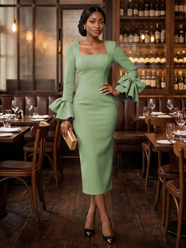 Satin Sheath Square Neck Tea Length with Bow Cocktail Dresses