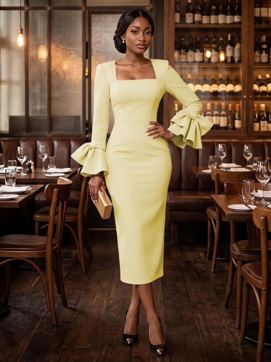Satin Sheath Square Neck Tea Length with Bow Cocktail Dresses