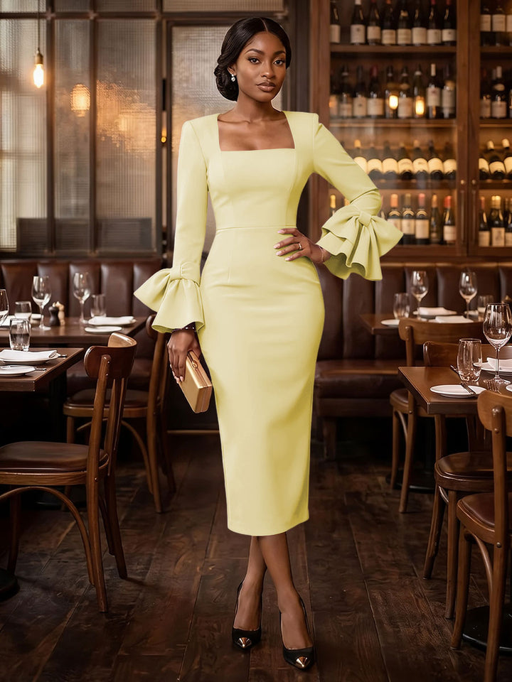 Satin Sheath Square Neck Tea Length with Bow Cocktail Dresses