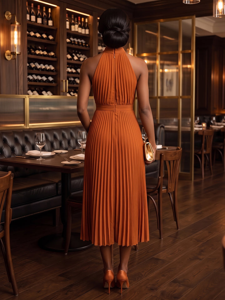 Satin A Line Halter Tea Length Pleats Cocktail Dresses