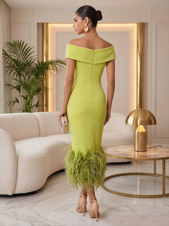 Satin Sheath Off the Shoulder Tea Length with Feather Cocktail Dresses