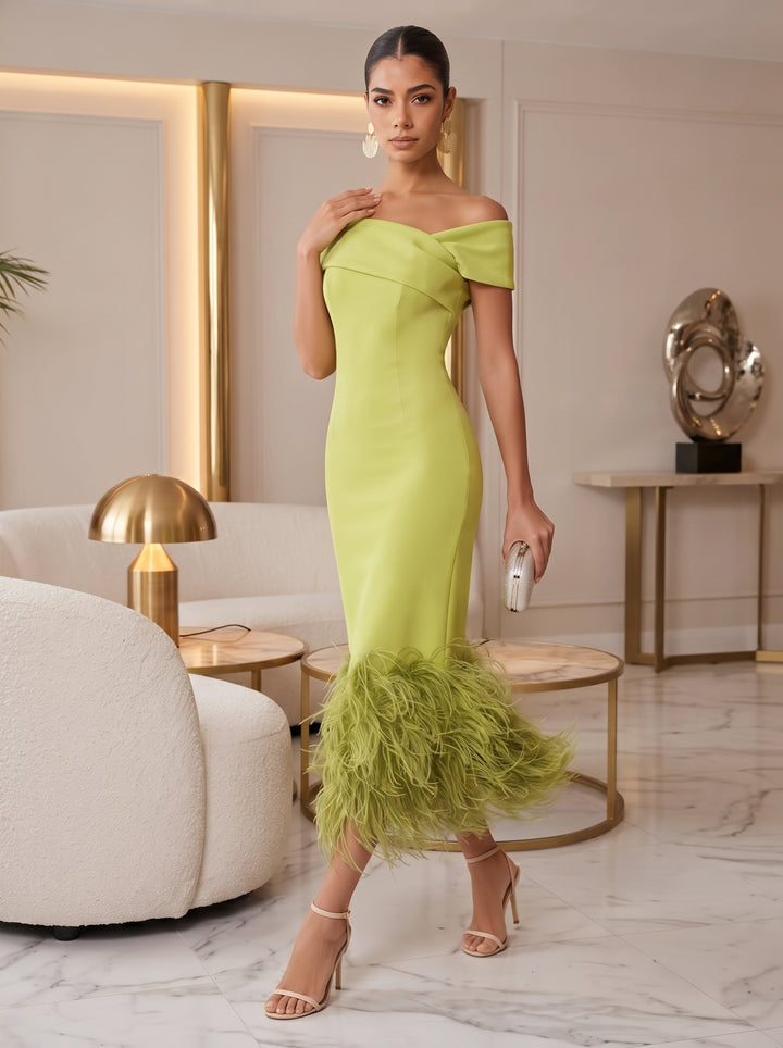 Satin Sheath Off the Shoulder Tea Length with Feather Cocktail Dresses