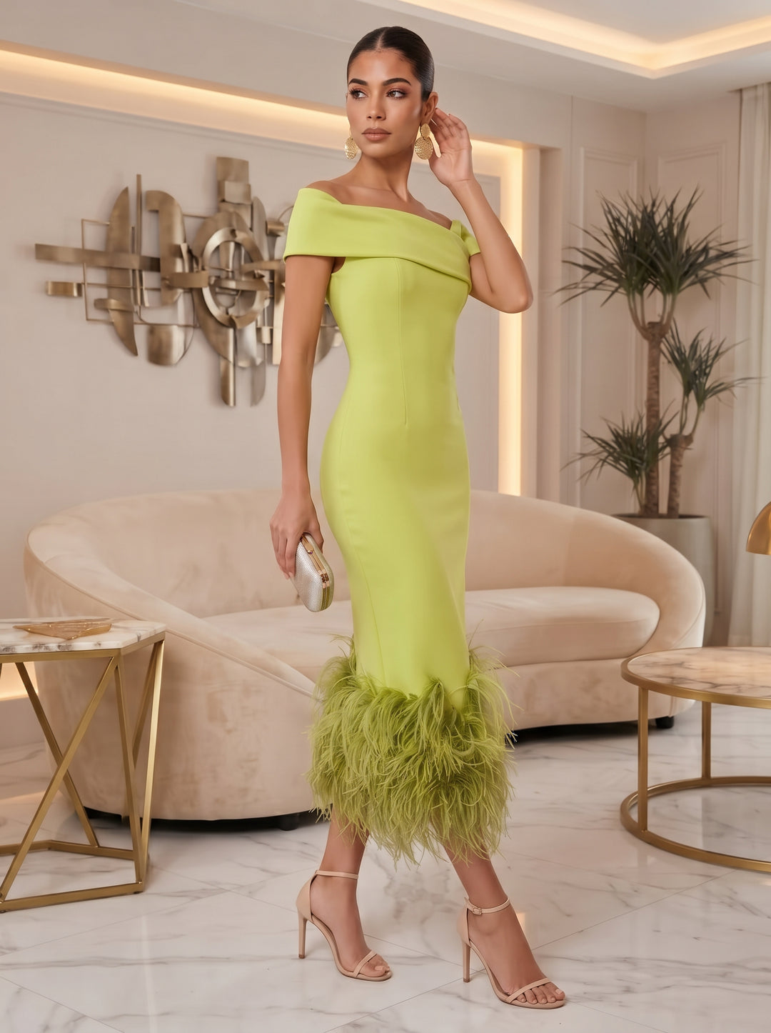 Satin Sheath Off the Shoulder Tea Length with Feather Cocktail Dresses
