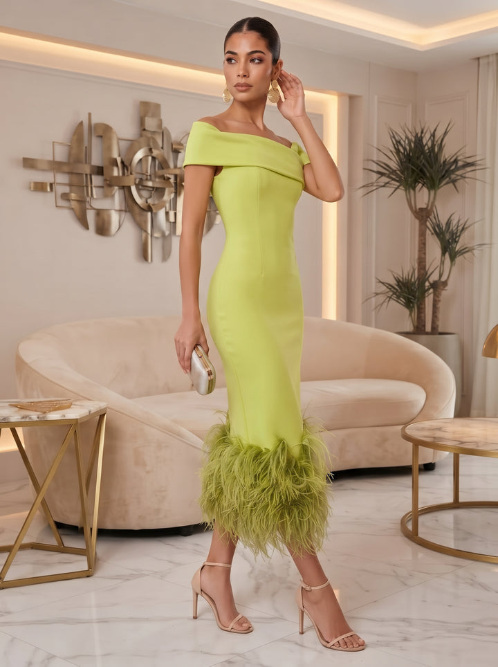 Satin Sheath Off the Shoulder Tea Length with Feather Cocktail Dresses