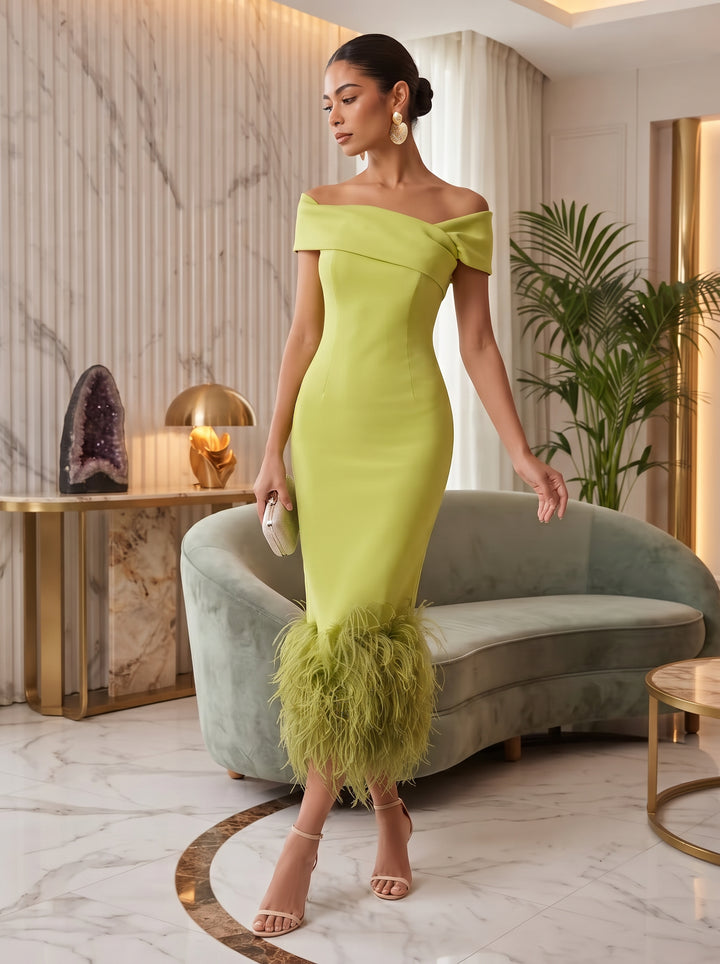 Satin Sheath Off the Shoulder Tea Length with Feather Cocktail Dresses