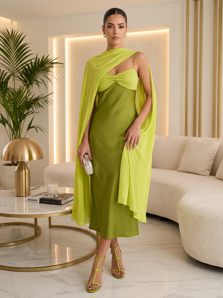 Satin Sheath Spaghetti Straps Tea Length Color Blocked Cocktail Dresses