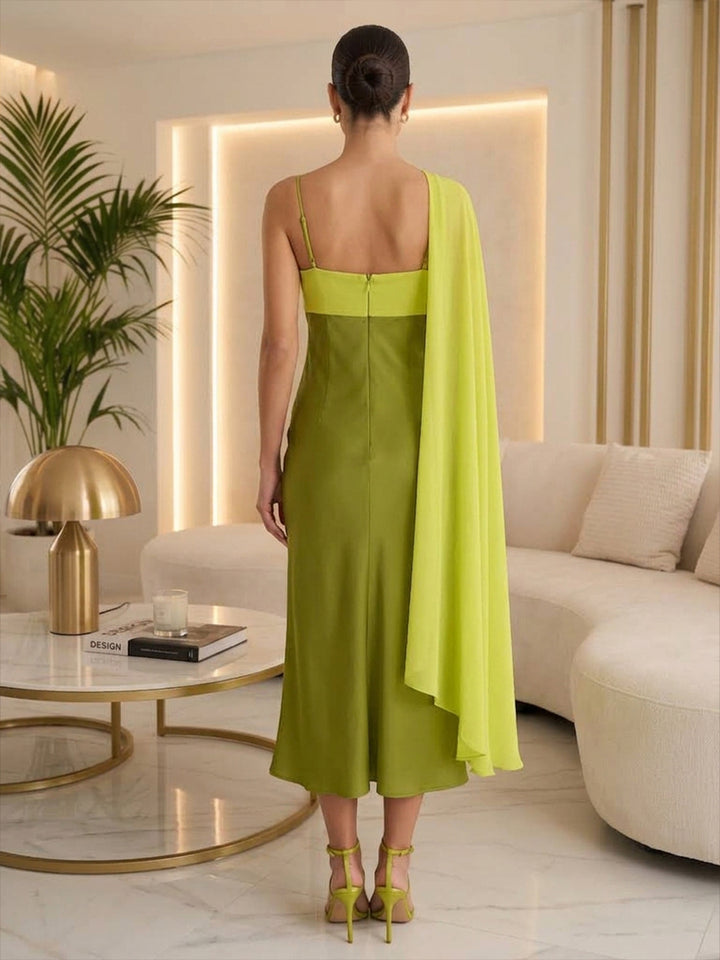 Satin Sheath Spaghetti Straps Tea Length Color Blocked Cocktail Dresses