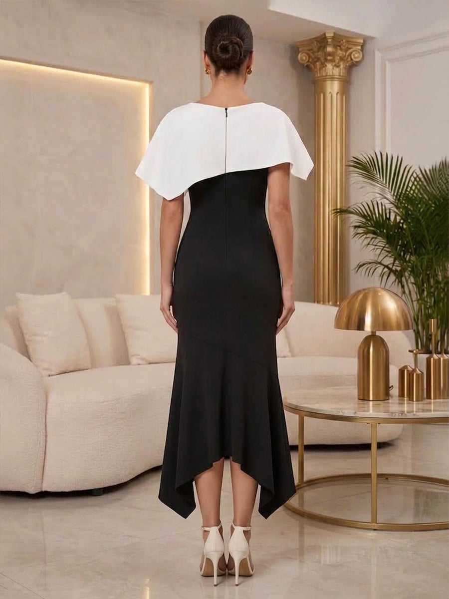 Satin Mermaid Jewel Neck Tea Length with Cape Cocktail Dresses
