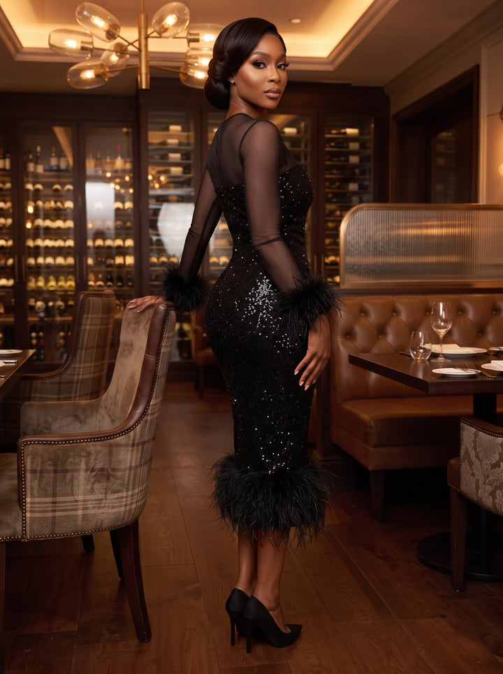 Sequin Sheath Round Neck Tea Length Sheer Bodice Cocktail Dresses