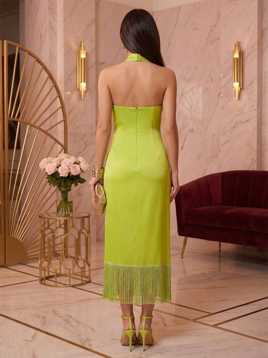 Satin Sheath Criss Cross Tea Length Tassels Cocktail Dresses