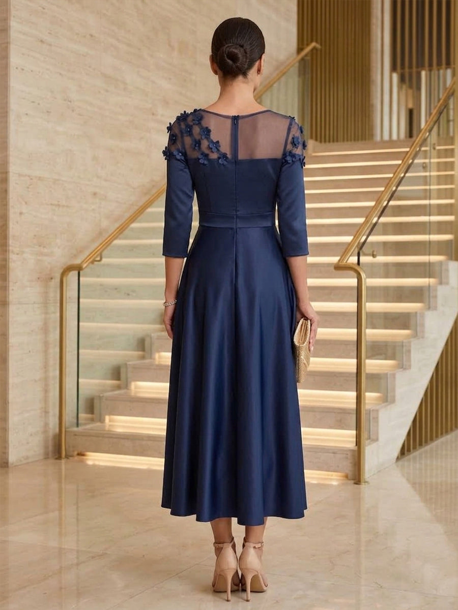 Satin A Line Scoop Neck Tea Length Illusion Neck Cocktail Dresses