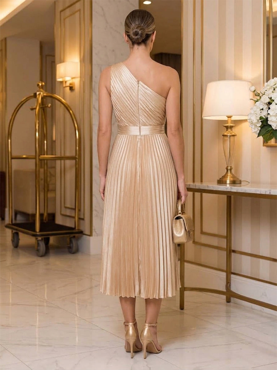 Satin A Line One Shoulder Tea Length Pleats Cocktail Dresses