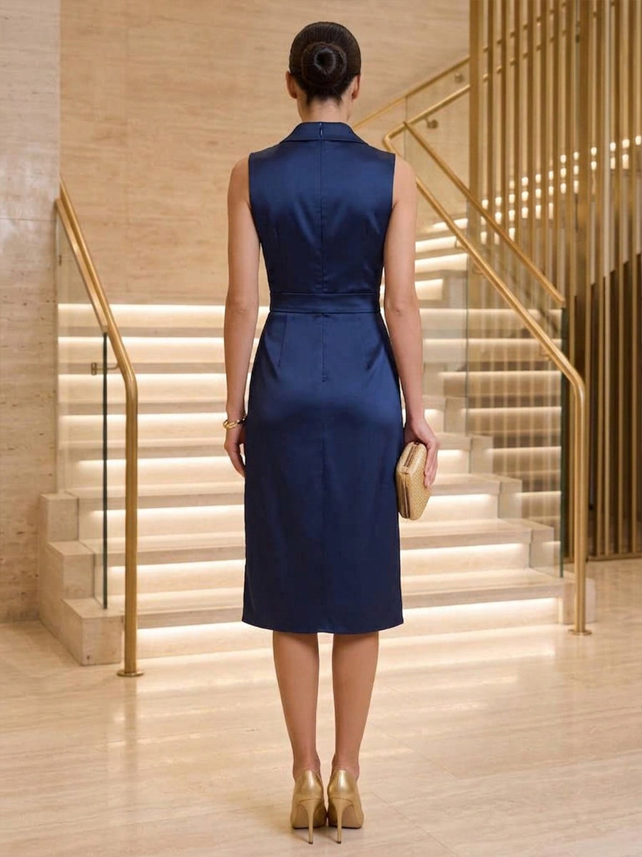 Satin Sheath Blazer Collar Tea Length Ruched Cocktail Dresses