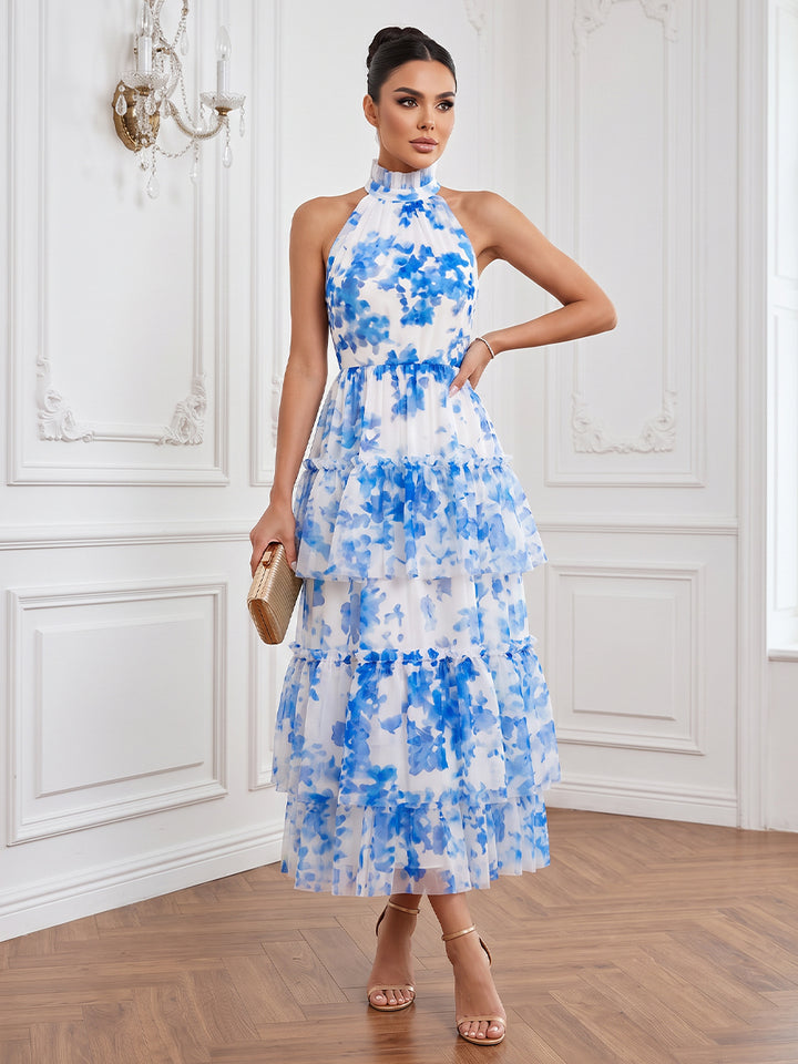 Chiffon A Line Halter Tea Length Floral Print Cocktail Dresses