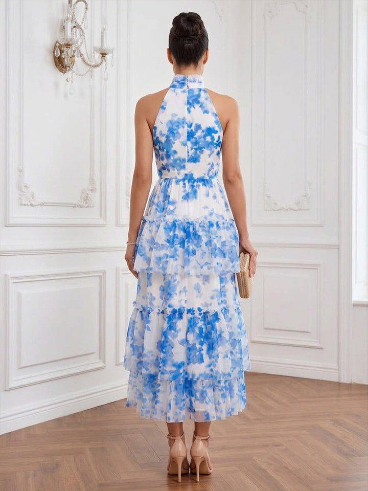 Chiffon A Line Halter Tea Length Floral Print Cocktail Dresses