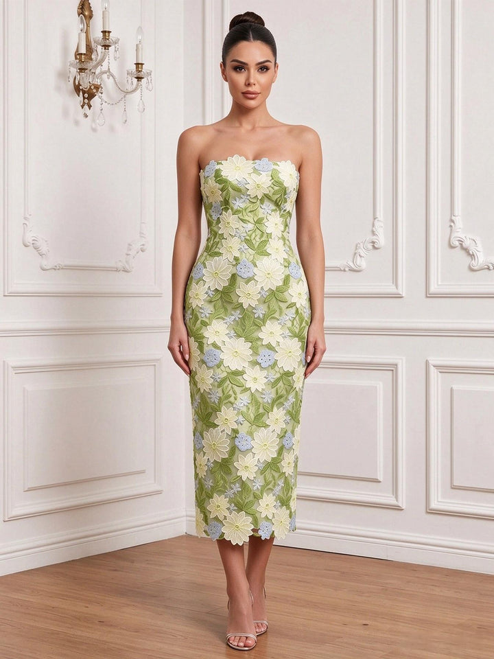 Tulle Sheath Strapless Tea Length Floral Embroidery Cocktail Dresses