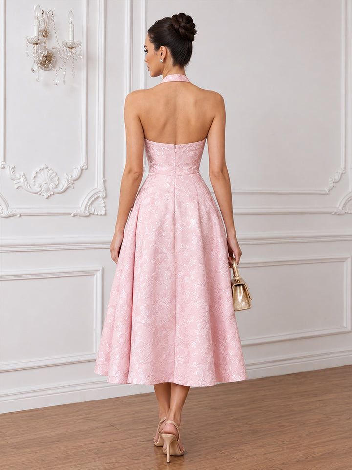 Satin Jacquard A Line Halter Tea Length Corset Cocktail Dresses