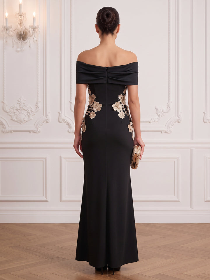 Satin Sheath Off the Shoulder Ankle Length Floral Embroidery Cocktail Dresses