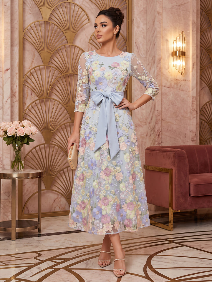 Tulle A Line Scoop Neck Tea Length Floral Embroidery Cocktail Dresses