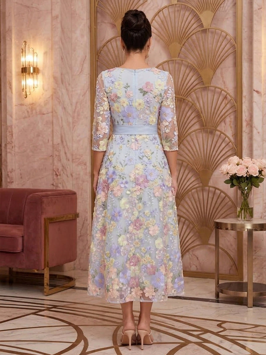 Tulle A Line Scoop Neck Tea Length Floral Embroidery Cocktail Dresses
