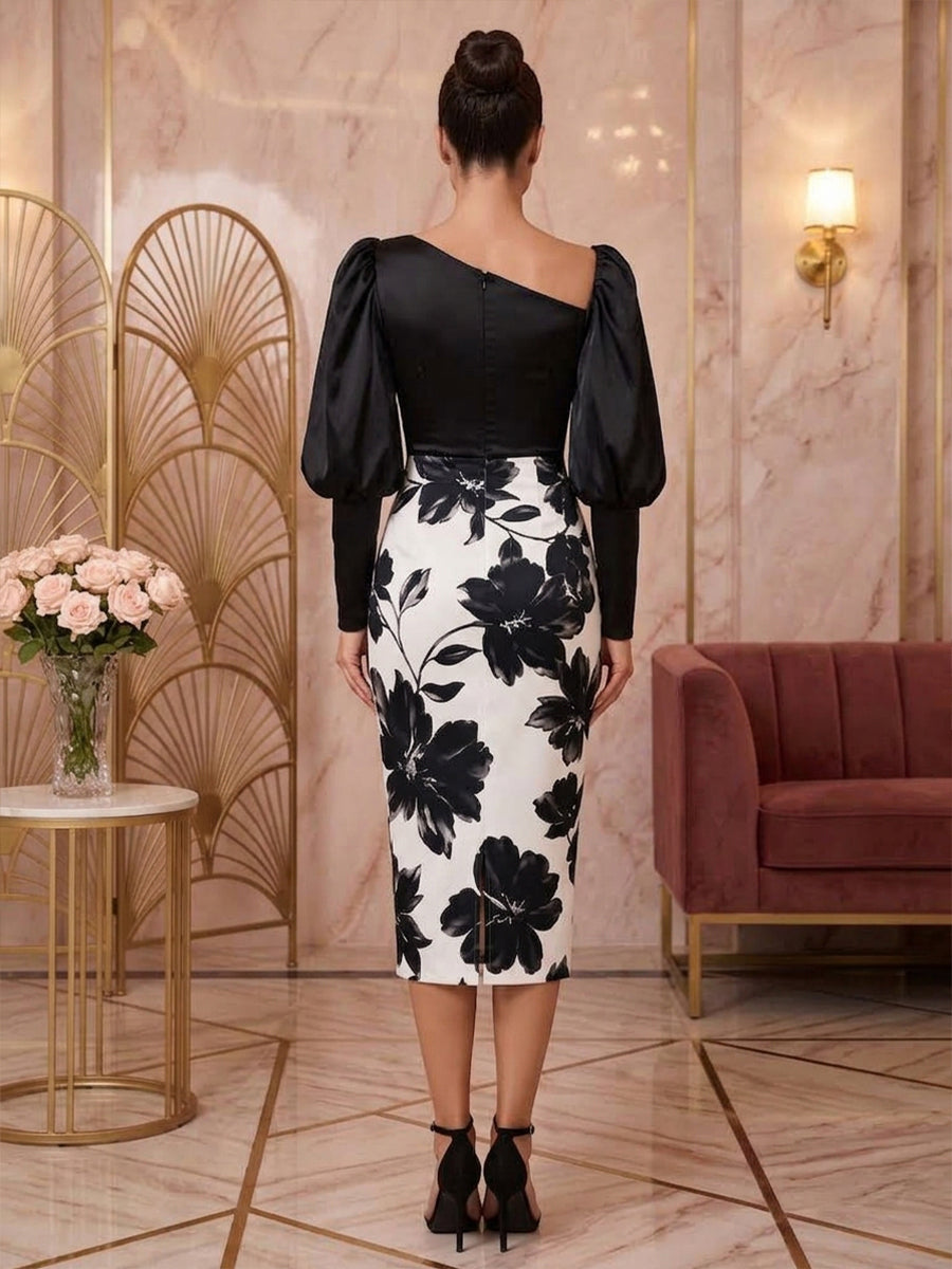 Satin Sheath Asymmetric Neck Tea Length Puff Sleeve Cocktail Dresses