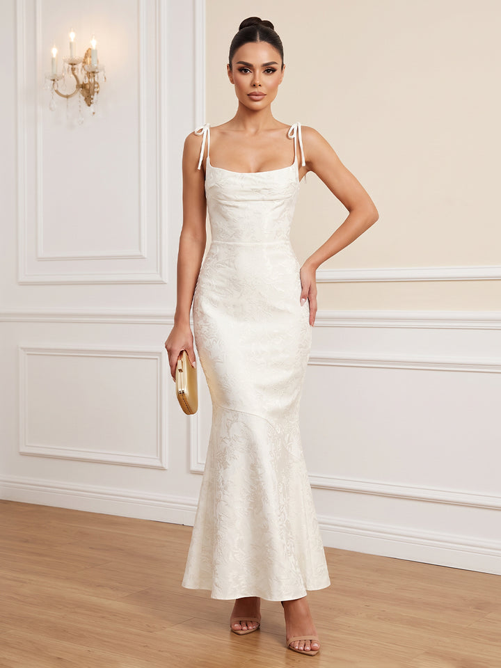 Satin Jacquard Mermaid Spaghetti Straps Ankle Length Floral Cocktail Dresses
