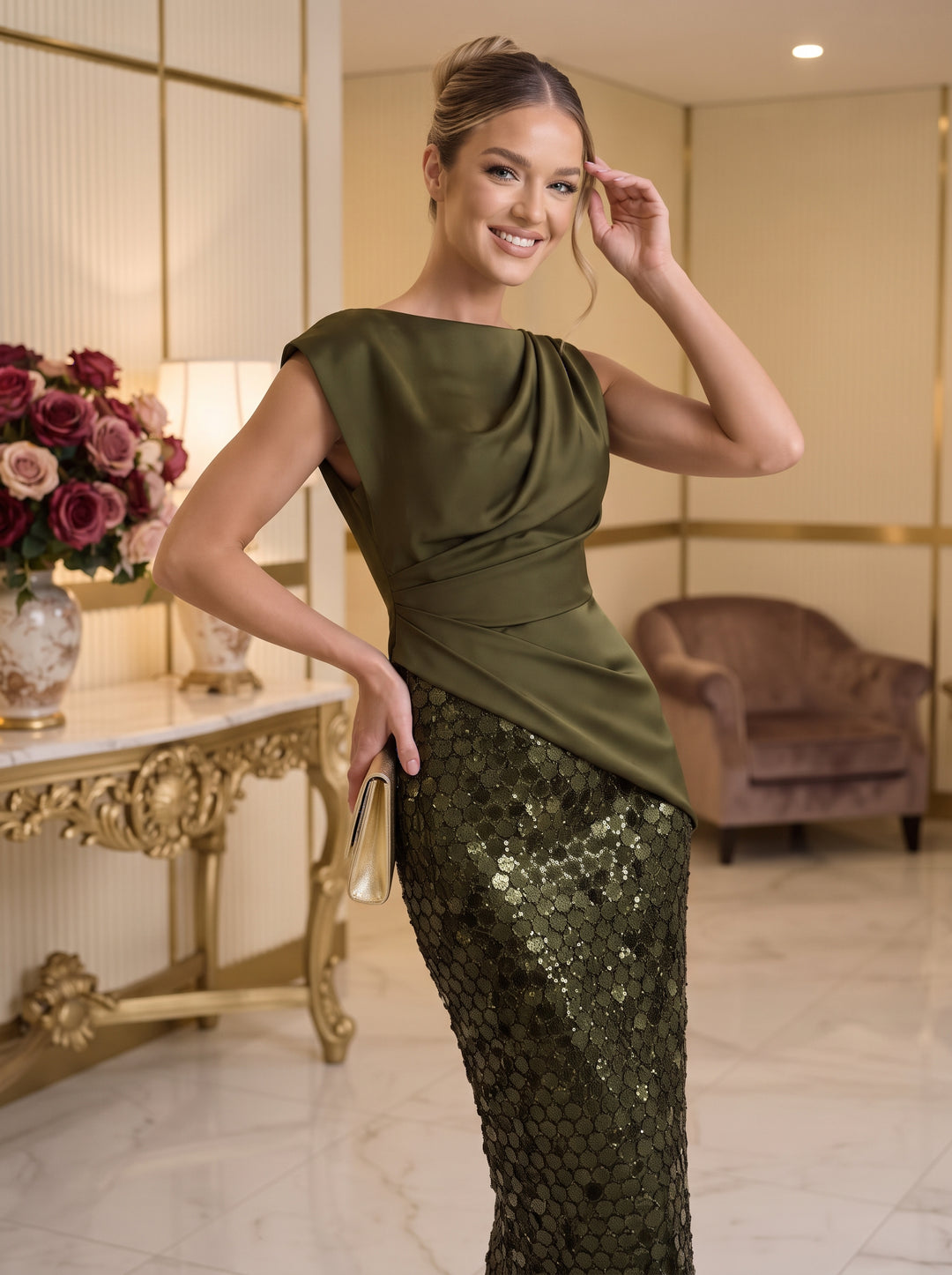 Sequin Sheath Boat Neck Ankle Length Ruched Waist Cocktail Dresses